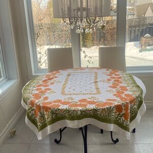 AUTHENTIC 1960’s VINTAGE Linen square Table-cloth, orange floral print 6…